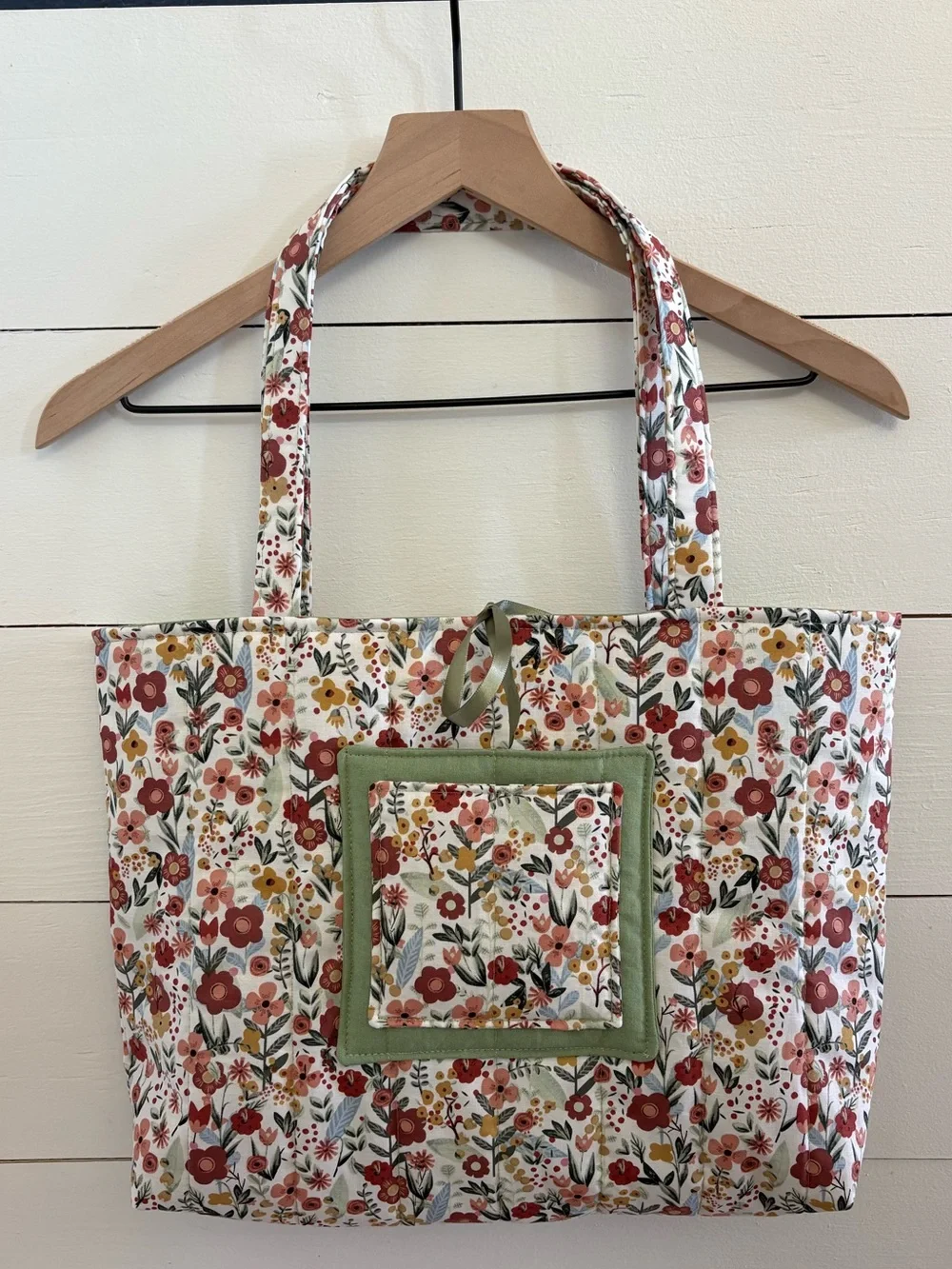 Quilted Floral Tote Bag with Green Trim